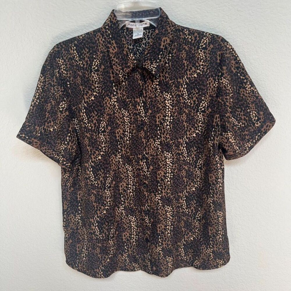 Vintage Notations Leopard Print Short Sleeve Blouse Shirt Brown Size Medium